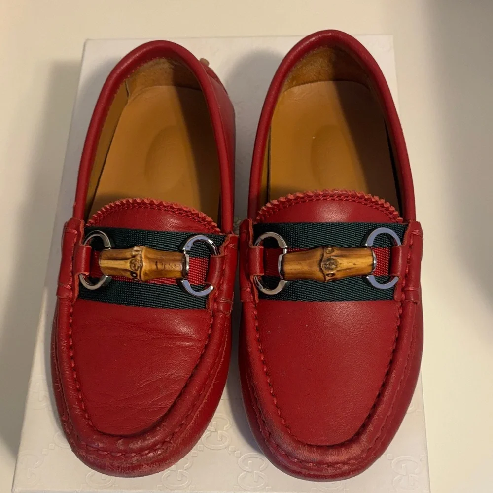 Gucci Red Kids Moccasins with Bamboo Detail